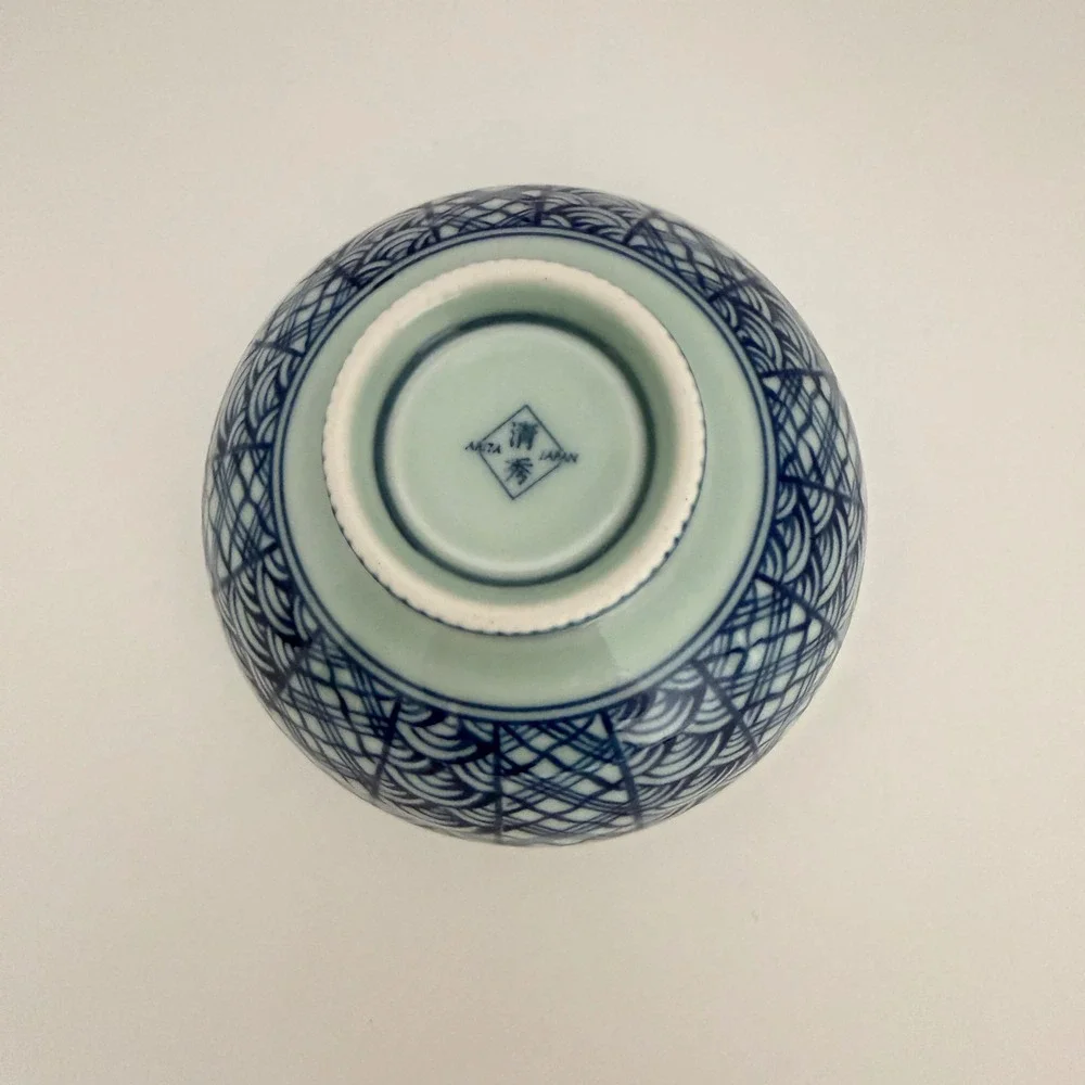 Arita Japan Seishu Porcelain Rice Bowl Blue White Seigaiha Celadon Small